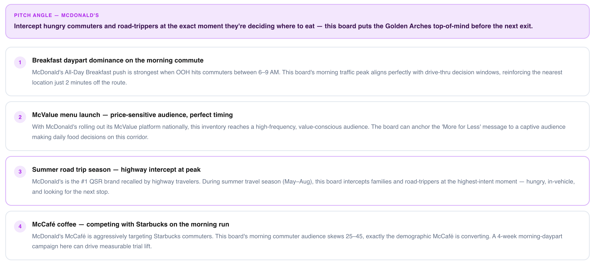 Screenshot of the doohthis Pitch Angle view for McDonald's, showing a one-sentence brand-specific pitch and four story hooks tied to McDonald's current campaign cycle, seasonal moments, product launches, and competitive positioning.